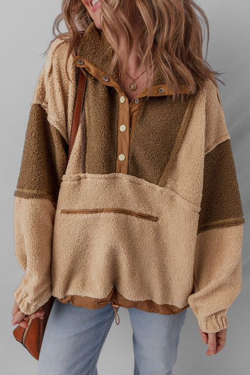 Oversized Paneled Sherpa Fleece Half Snap Pullover