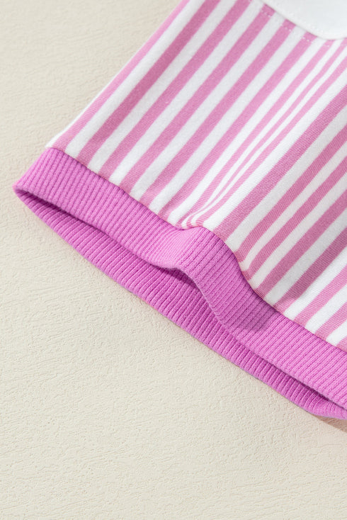 Oversized Patchwork Striped Three Quarter Sleeve Cotton Top
