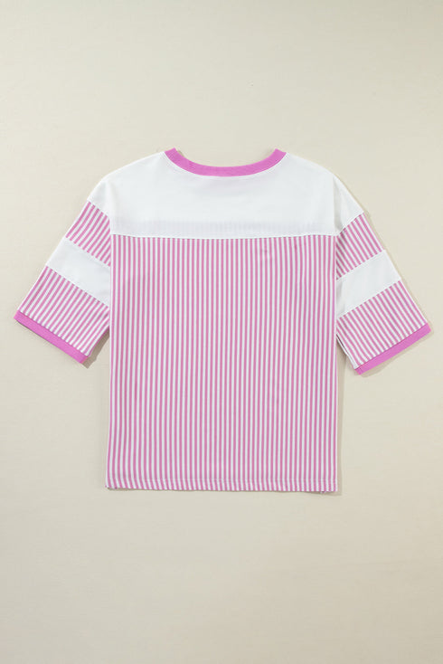 Oversized Patchwork Striped Three Quarter Sleeve Cotton Top