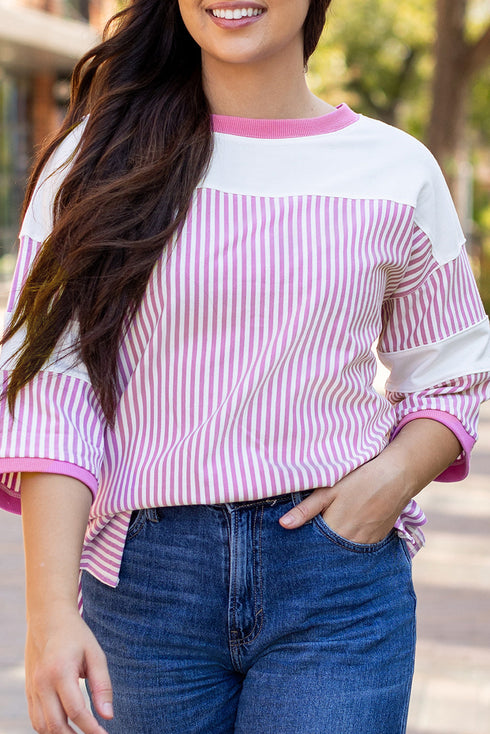Oversized Patchwork Striped Three Quarter Sleeve Cotton Top