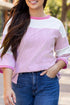 Oversized Patchwork Striped Three Quarter Sleeve Cotton Top