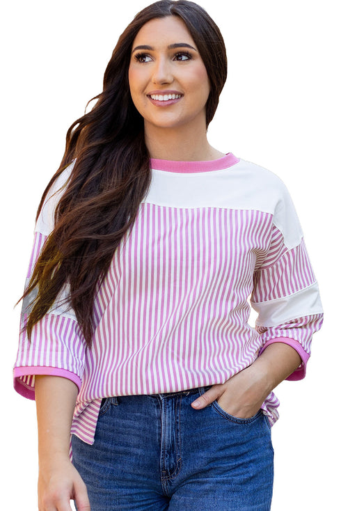 Oversized Patchwork Striped Three Quarter Sleeve Cotton Top