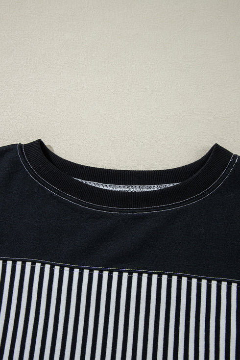 Oversized Patchwork Striped Three Quarter Sleeve Cotton Top