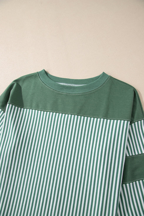 Oversized Patchwork Striped Three Quarter Sleeve Cotton Top