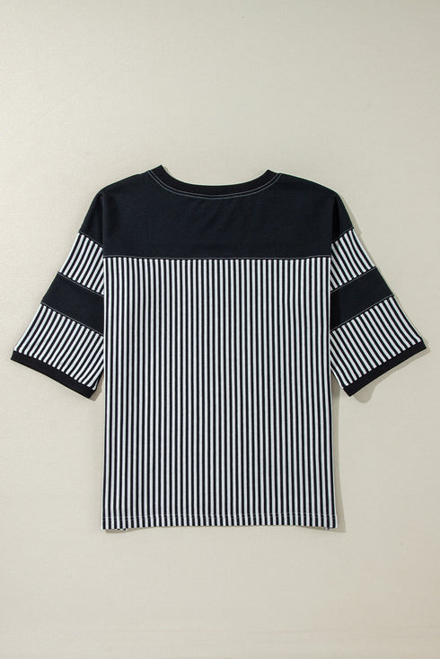 Oversized Patchwork Striped Three Quarter Sleeve Cotton Top
