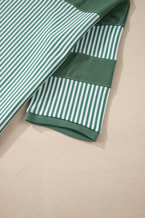 Oversized Patchwork Striped Three Quarter Sleeve Cotton Top
