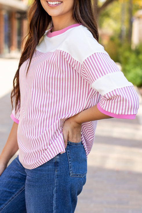 Oversized Patchwork Striped Three Quarter Sleeve Cotton Top