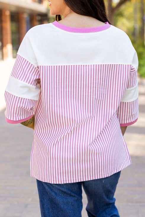 Oversized Patchwork Striped Three Quarter Sleeve Cotton Top