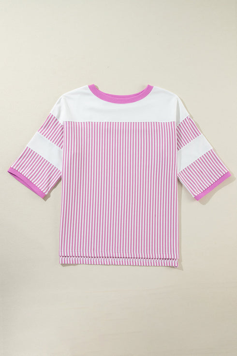 Oversized Patchwork Striped Three Quarter Sleeve Cotton Top