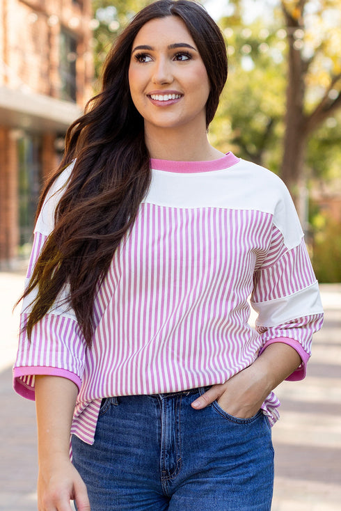 Oversized Patchwork Striped Three Quarter Sleeve Cotton Top