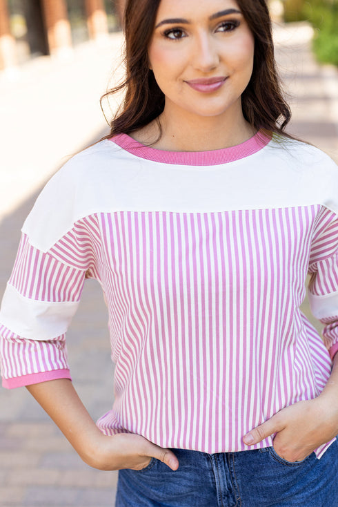 Oversized Patchwork Striped Three Quarter Sleeve Cotton Top