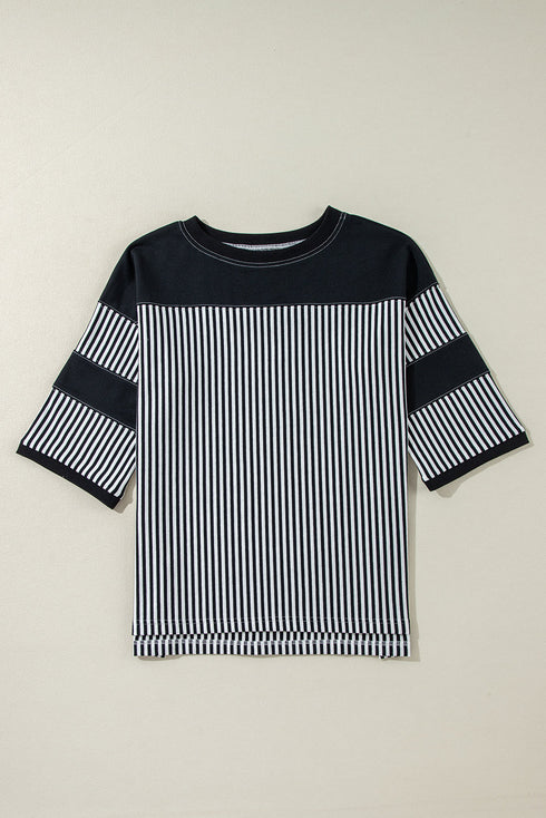 Oversized Patchwork Striped Three Quarter Sleeve Cotton Top
