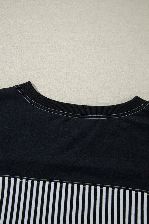 Oversized Patchwork Striped Three Quarter Sleeve Cotton Top