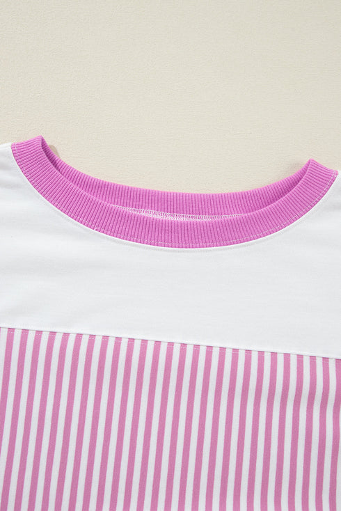 Oversized Patchwork Striped Three Quarter Sleeve Cotton Top