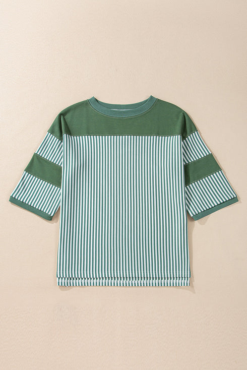 Oversized Patchwork Striped Three Quarter Sleeve Cotton Top