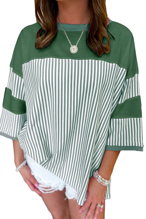 Oversized Patchwork Striped Three Quarter Sleeve Cotton Top
