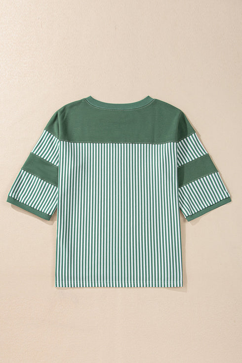 Oversized Patchwork Striped Three Quarter Sleeve Cotton Top