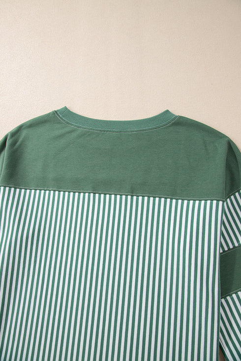 Oversized Patchwork Striped Three Quarter Sleeve Cotton Top
