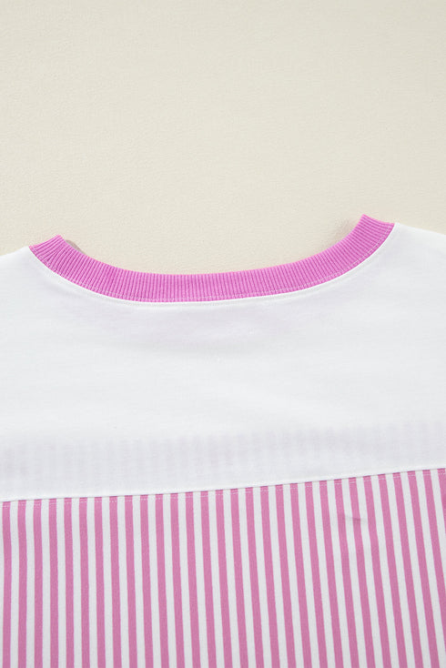Oversized Patchwork Striped Three Quarter Sleeve Cotton Top