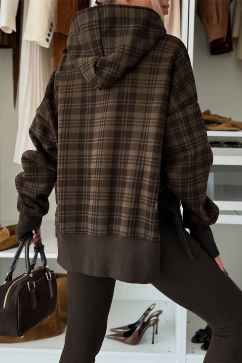 Oversized Plaid Sleeve Split Hem Hoodie