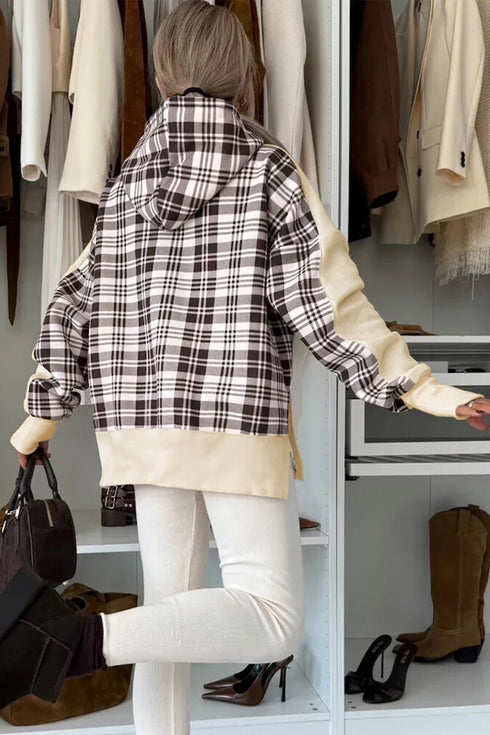 Oversized Plaid Sleeve Split Hem Hoodie