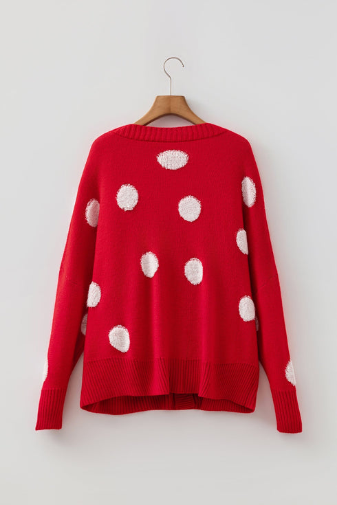 Oversized Polka Dot Button Front V Neck Cardigan