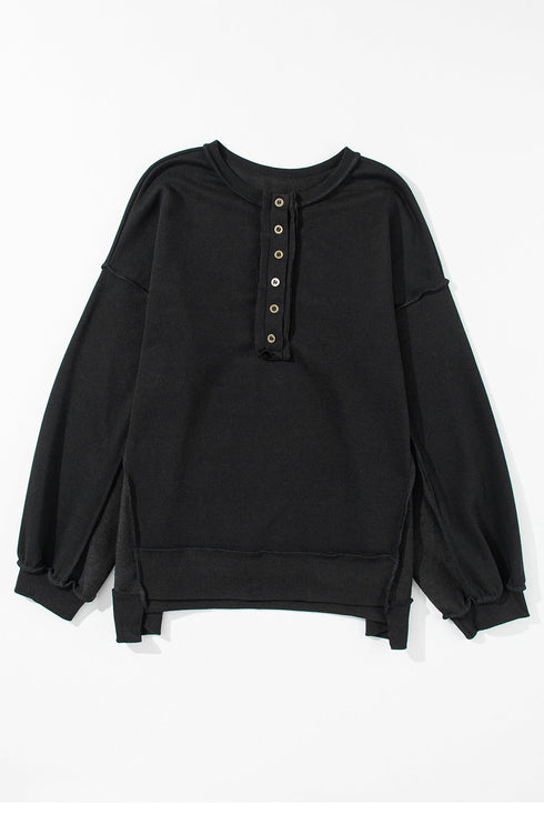 Oversized Raw Edge Button Front Pullover Sweatshirt