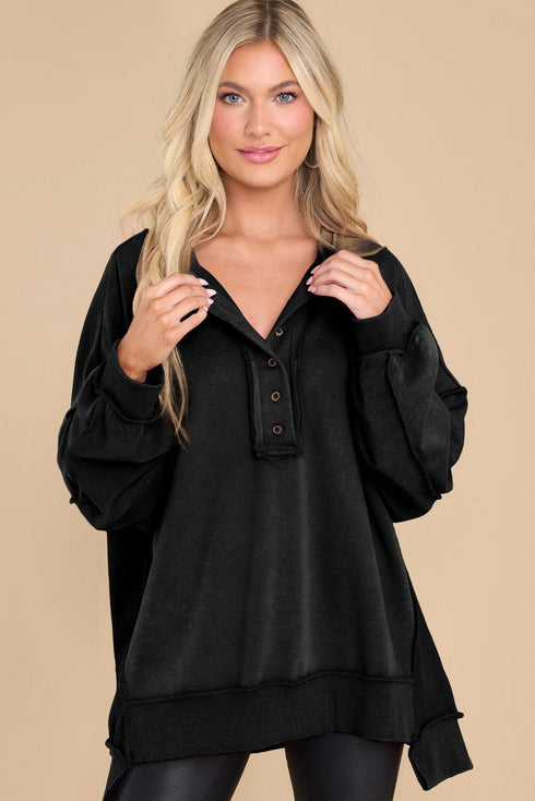 Oversized Raw Edge Button Front Pullover Sweatshirt