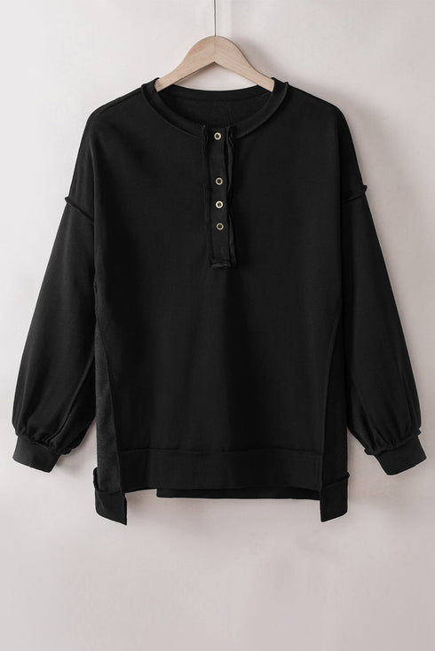 Oversized Raw Edge Button Front Pullover Sweatshirt
