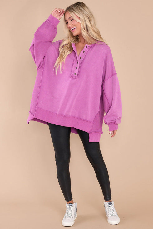 Oversized Raw Edge Button Front Pullover Sweatshirt