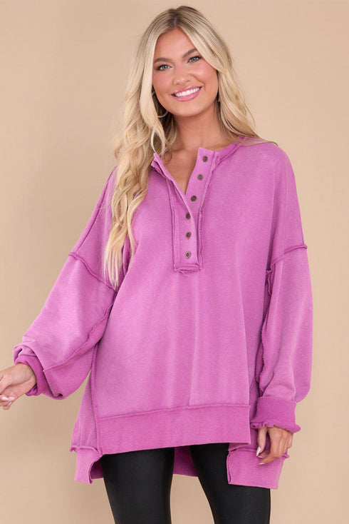 Oversized Raw Edge Button Front Pullover Sweatshirt