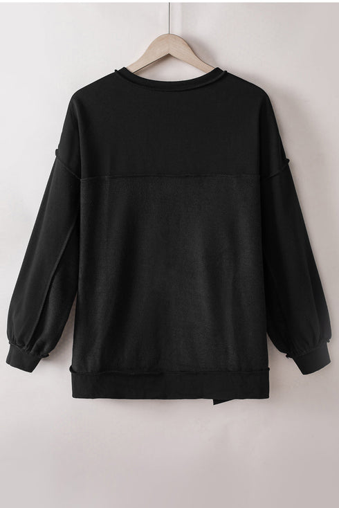 Oversized Raw Edge Button Front Pullover Sweatshirt