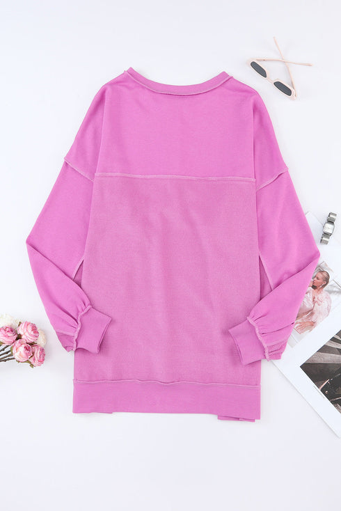 Oversized Raw Edge Button Front Pullover Sweatshirt