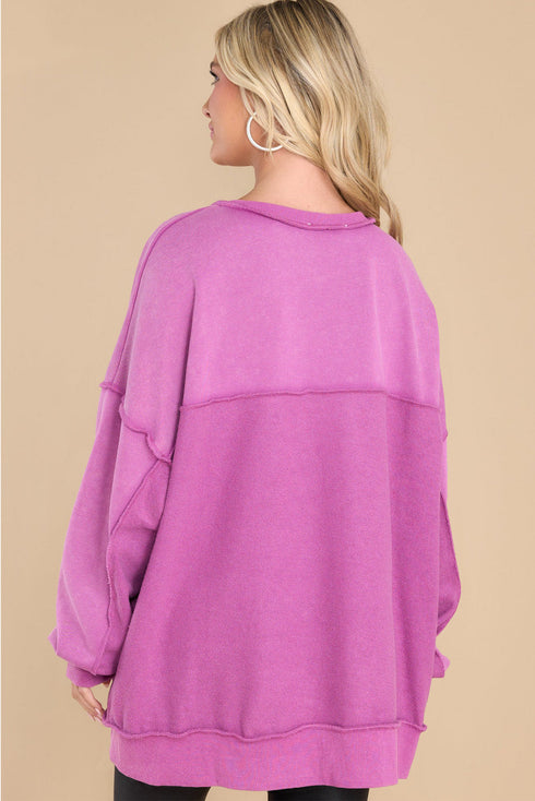 Oversized Raw Edge Button Front Pullover Sweatshirt