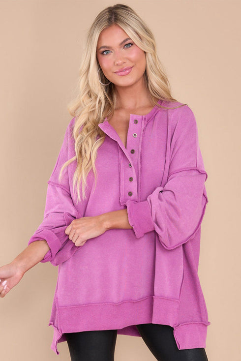 Oversized Raw Edge Button Front Pullover Sweatshirt