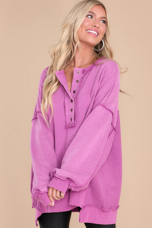 Oversized Raw Edge Button Front Pullover Sweatshirt