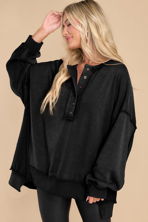 Oversized Raw Edge Button Front Pullover Sweatshirt