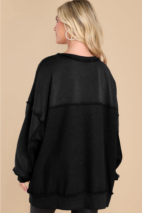 Oversized Raw Edge Button Front Pullover Sweatshirt