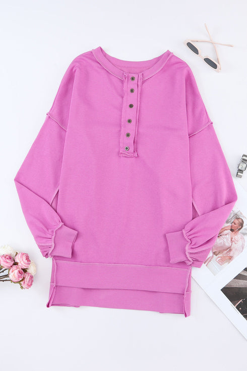 Oversized Raw Edge Button Front Pullover Sweatshirt