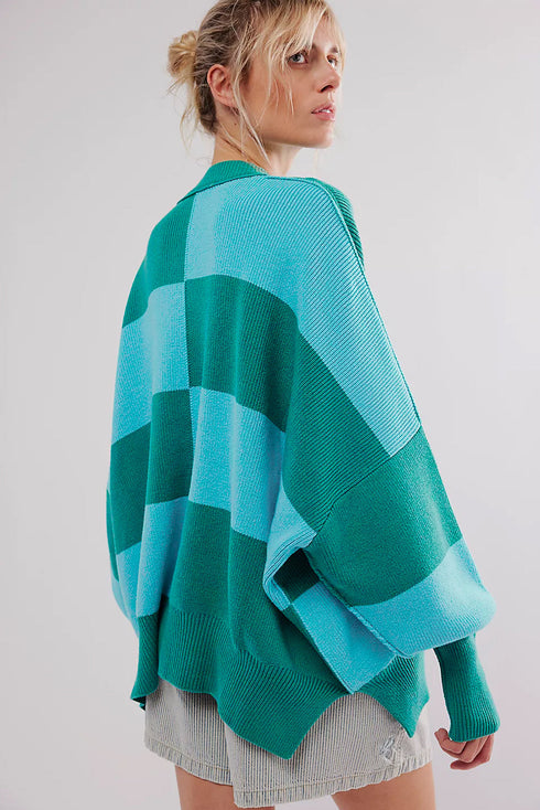 Oversized Ribbed Knit Checkerboard Mock Neck Pullover