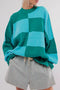 Oversized Ribbed Knit Checkerboard Mock Neck Pullover