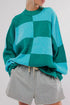 Oversized Ribbed Knit Checkerboard Mock Neck Pullover