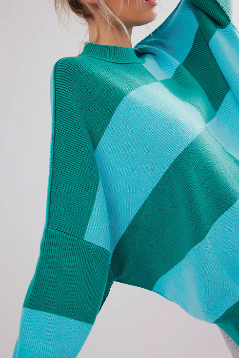 Oversized Ribbed Knit Checkerboard Mock Neck Pullover