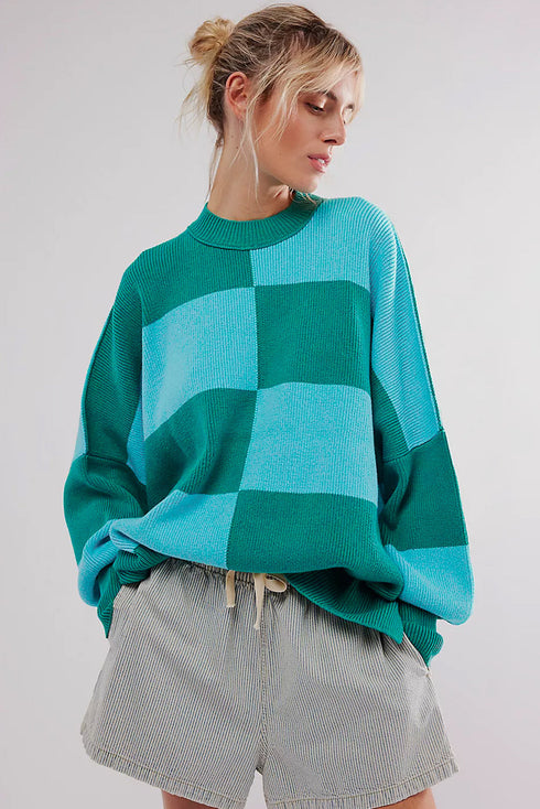 Oversized Ribbed Knit Checkerboard Mock Neck Pullover