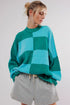 Oversized Ribbed Knit Checkerboard Mock Neck Pullover