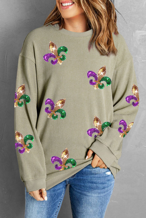 Oversized Ribbed Knit Fleur De Lis Graphic Pullover Sweatshirt