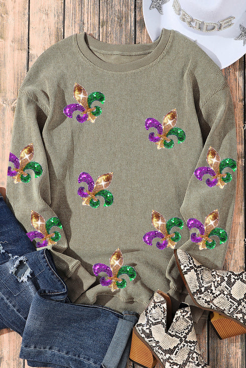 Oversized Ribbed Knit Fleur De Lis Graphic Pullover Sweatshirt