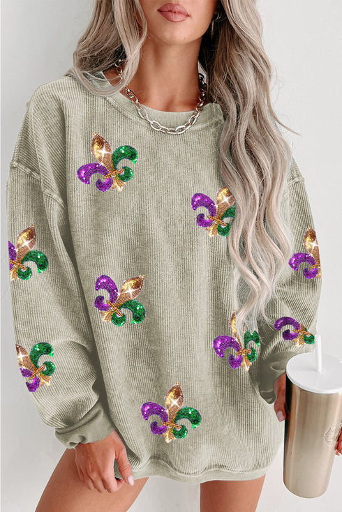 Oversized Ribbed Knit Fleur De Lis Graphic Pullover Sweatshirt