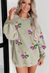 Oversized Ribbed Knit Fleur De Lis Graphic Pullover Sweatshirt