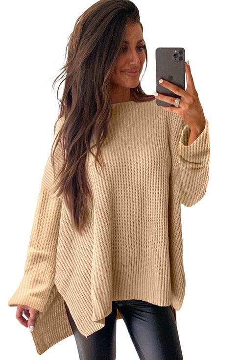 Oversized Ribbed Knit High Low Hem Pullover Sweater